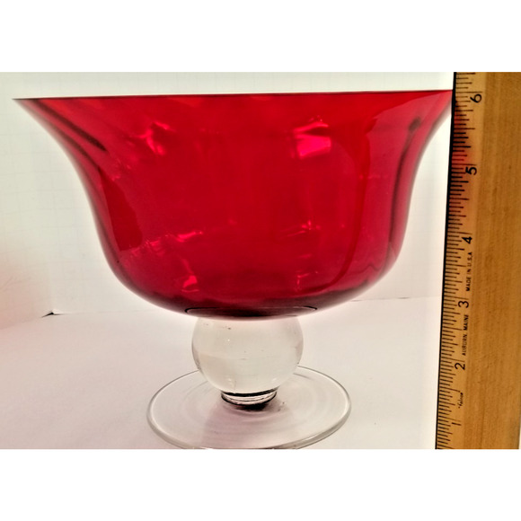 Vtg Ruby Red Large Hand Blown Glass Footed Pedestal Compote Candy Bowl - Picture 8 of 8